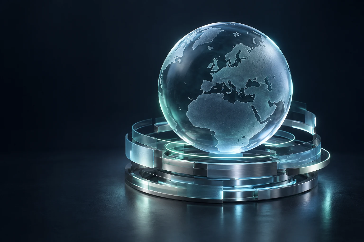 Conceptual glass globe with metallic data layers, connecting international research and automation